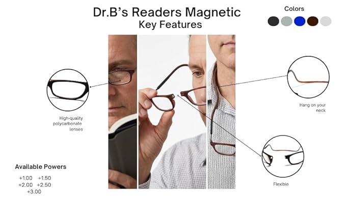 DR. B's Readers Reading Glass Magnetic Reading Spectacle Glasses for Near Vision, (Blue)