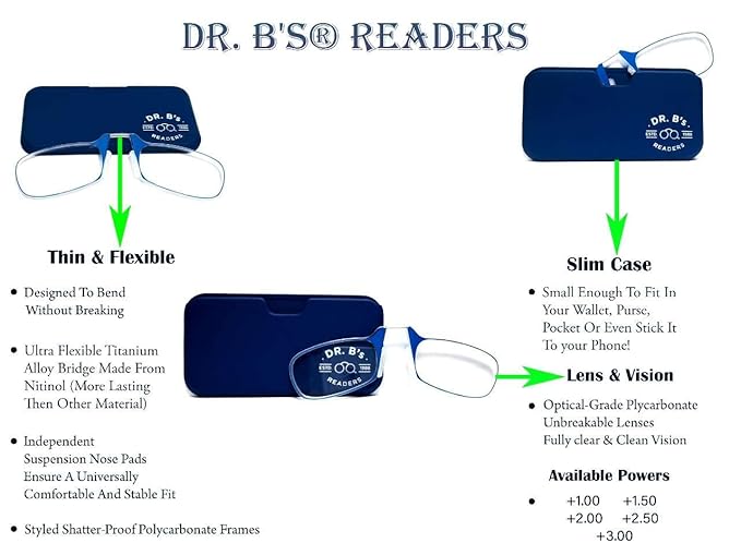 DR. B's® READERS Nose Resting Reading Glasses (Blue Square)